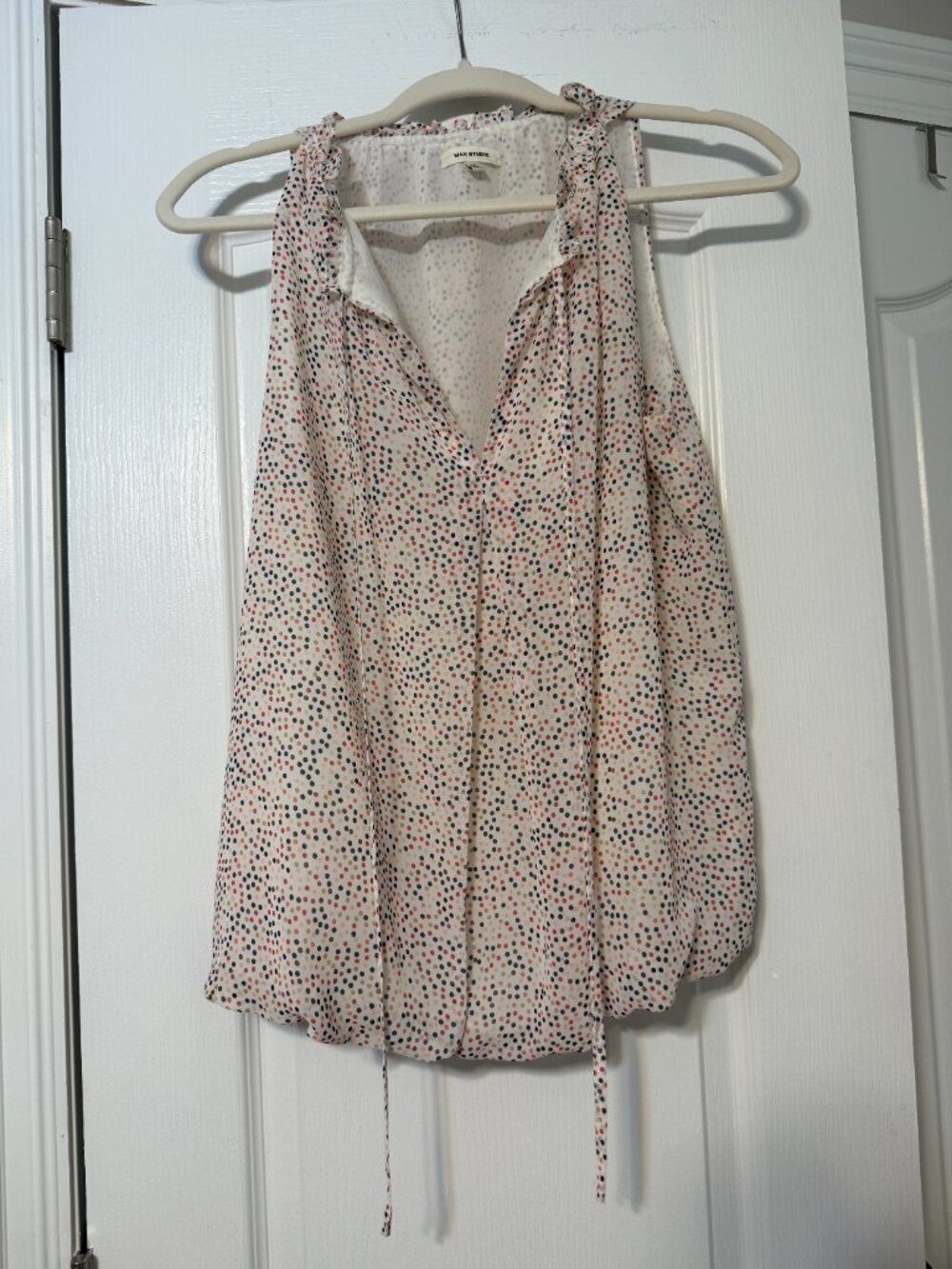 Max Studio Sleeveless Ruffle Tie Neck Polka Dot Blouse, Size Med